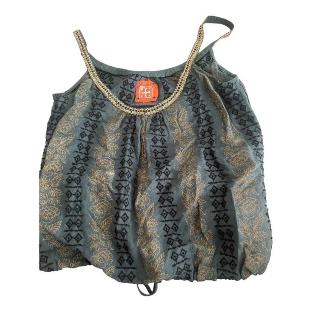 Free People Dark Teal Tank Top with Gold Embroidery